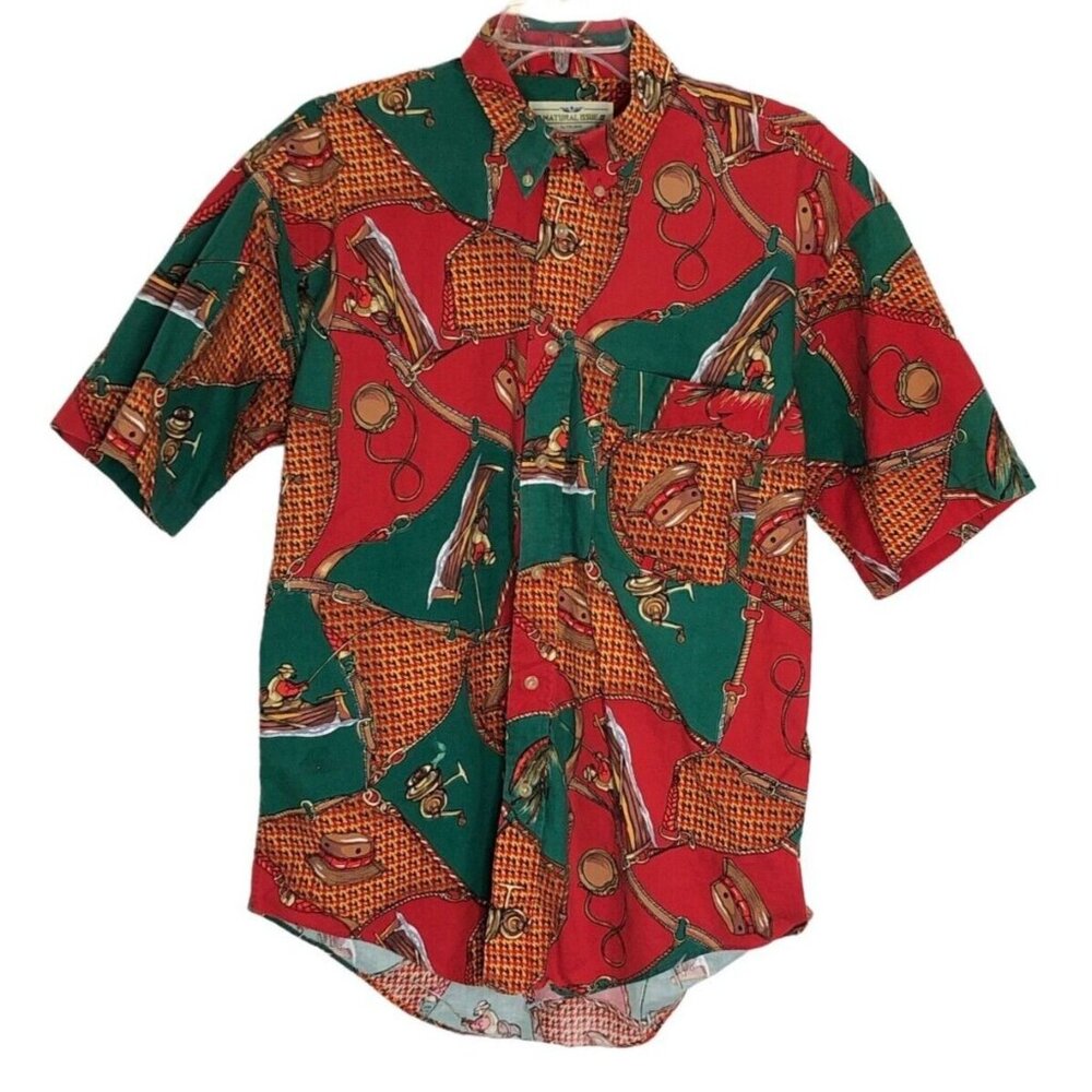 Natural Issue Mens M Button Down Shirt Red Short Sleeves Boats Canteens Print